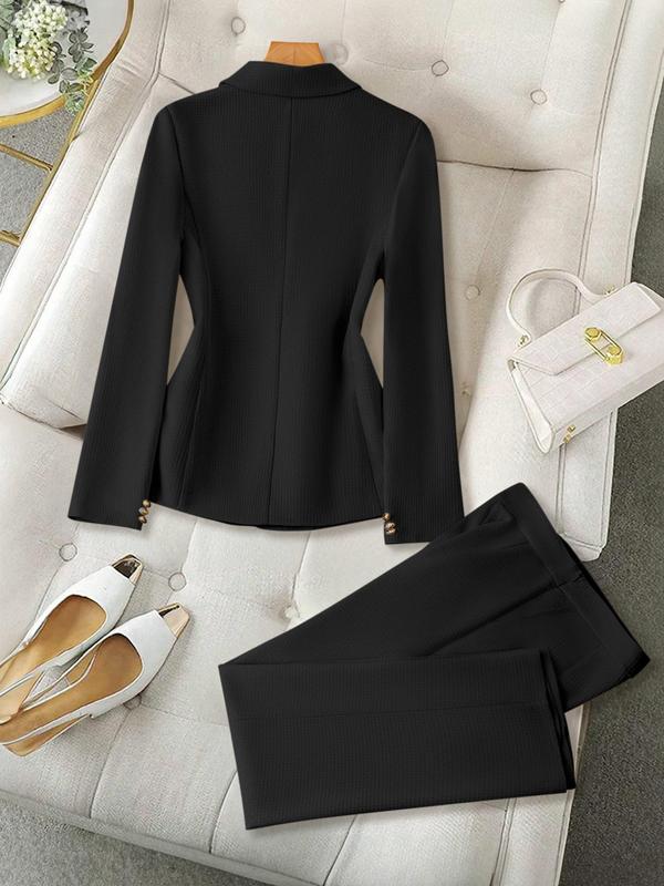 Two-Piece Set Women's Solid Color Flap Detail Button Front Blazer & Pocket Pants Suit Set, Elegant Lapel Neck Long Sleeve Outerwear & Trousers for Work Office Business, Ladies Fall & Winter Clothes